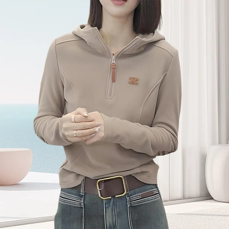 德绒设计感连帽半拉链卫衣女2025秋冬休闲时尚长袖上衣百搭宽松