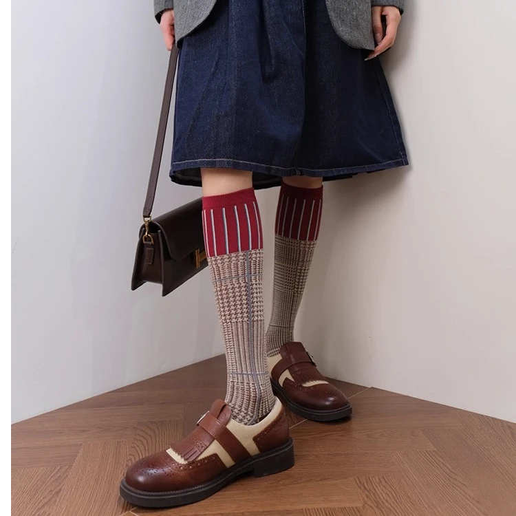 复古千鸟格纹小腿袜美腿及膝长筒袜女秋冬显瘦彩色袜子拼色堆堆袜