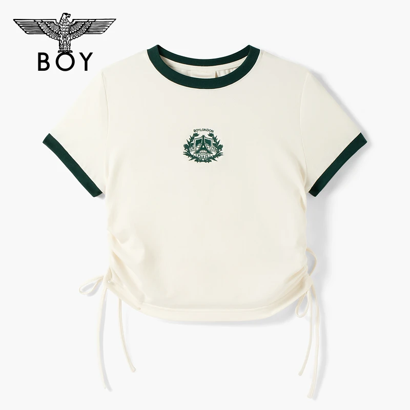 BOYLONDON春夏女款短款圆领抽绳美式辣妹百搭针织短袖T恤W01133