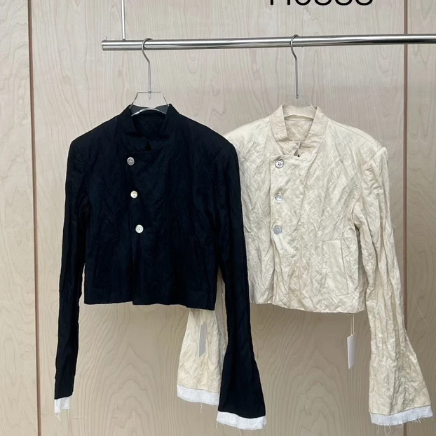 H6888 深圳南油设计师款袖口毛边拼色上衣