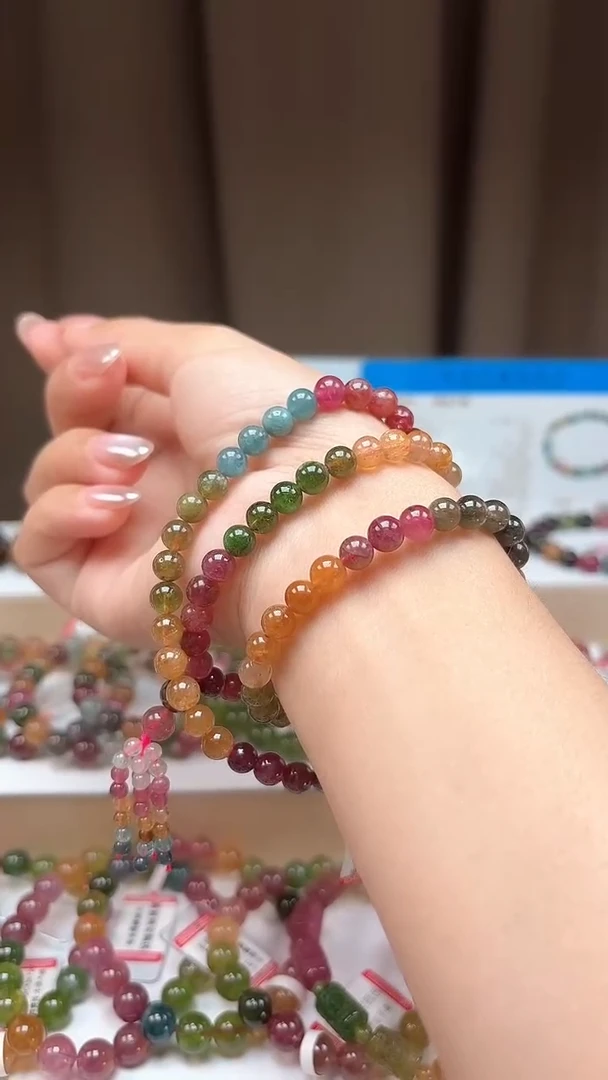 未镶嵌手链碧玺6.3mm巴西老料高冰透艳丽彩虹色碧玺三圈手链