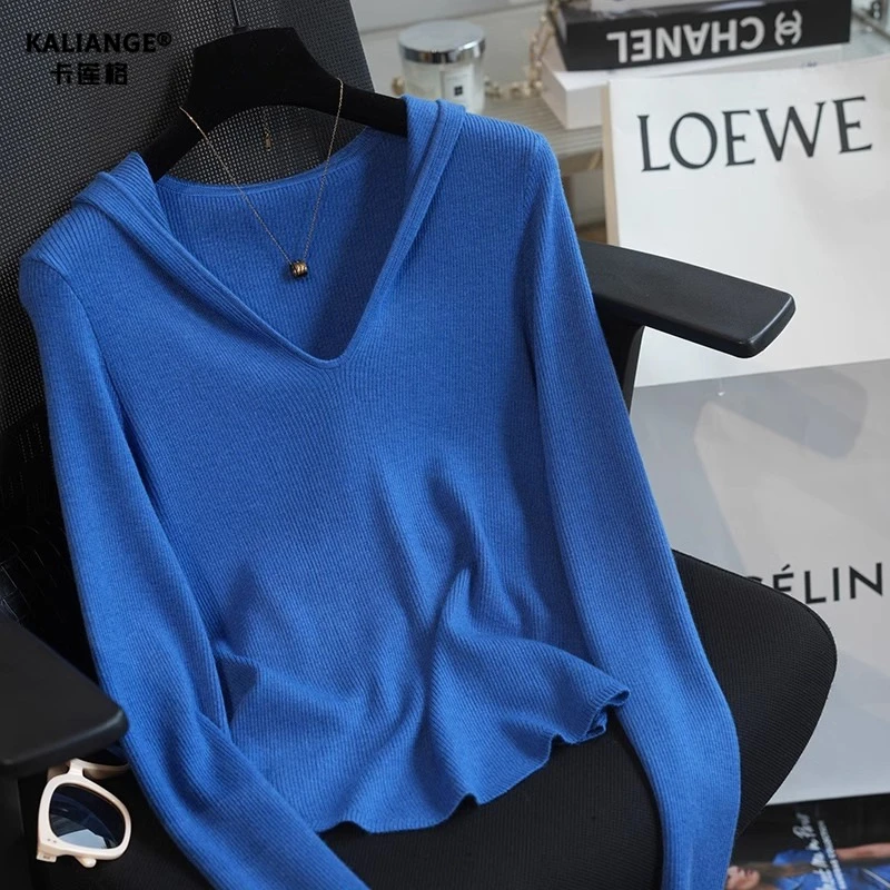 卡莲格/克莱因蓝连帽设计感长袖针织衫女韩系chic秋季洋气打底衫
