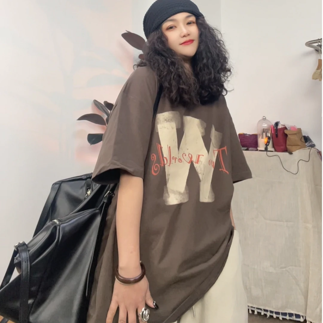 【若汐女装】欧韩版宽松大版休闲百搭字母印花春季新款短袖T恤3101