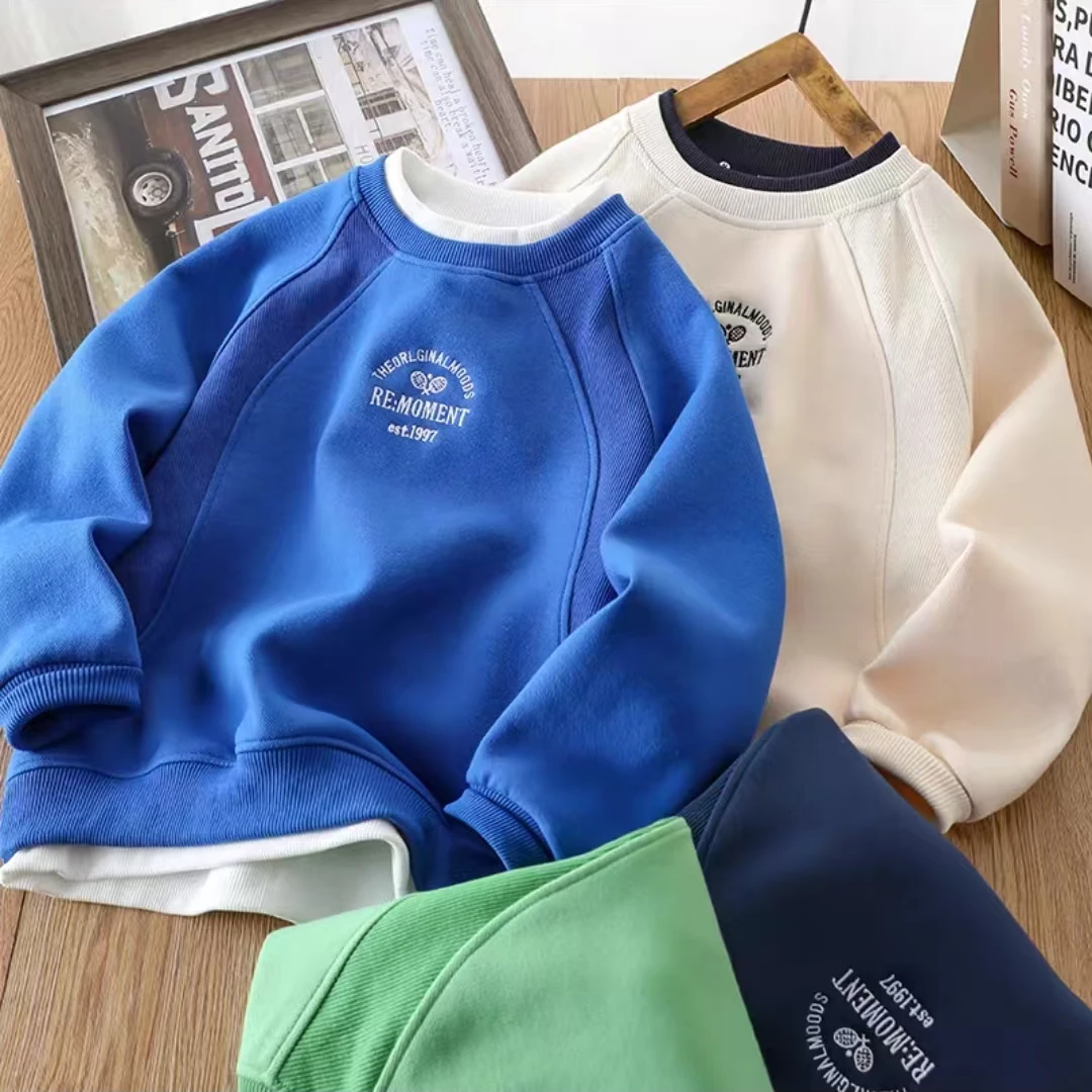 儿童圆领假两件卫衣2025春秋中大童休闲立体拼接长袖上衣男女童