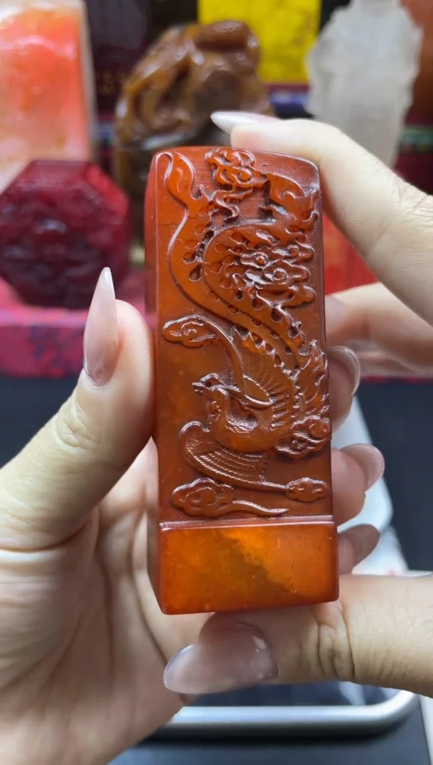 寿山石印石红田冻石鸾凤和鸣印章-步步高升