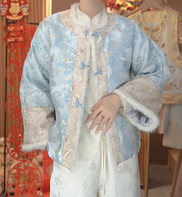 中国风秋冬夹棉唐装女新中式倒大袖保暖棉服2024D3349—四月