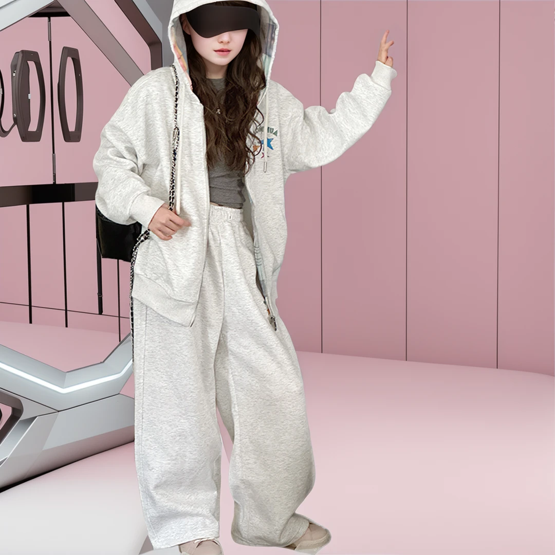 中大女童秋装灰色套装2025新款洋气卫衣休闲运动阔腿裤春秋两件套