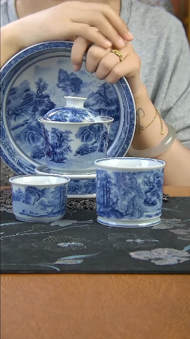 c****9景德镇陶瓷青花山水盖碗套组五件套简装