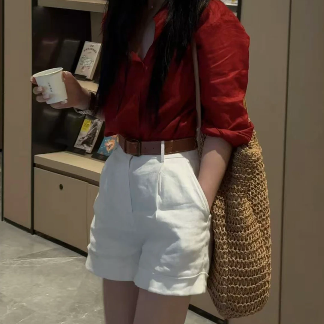 {气泡咕噜咕噜}亚麻短裤老钱风极简休闲女款短裤Y8389