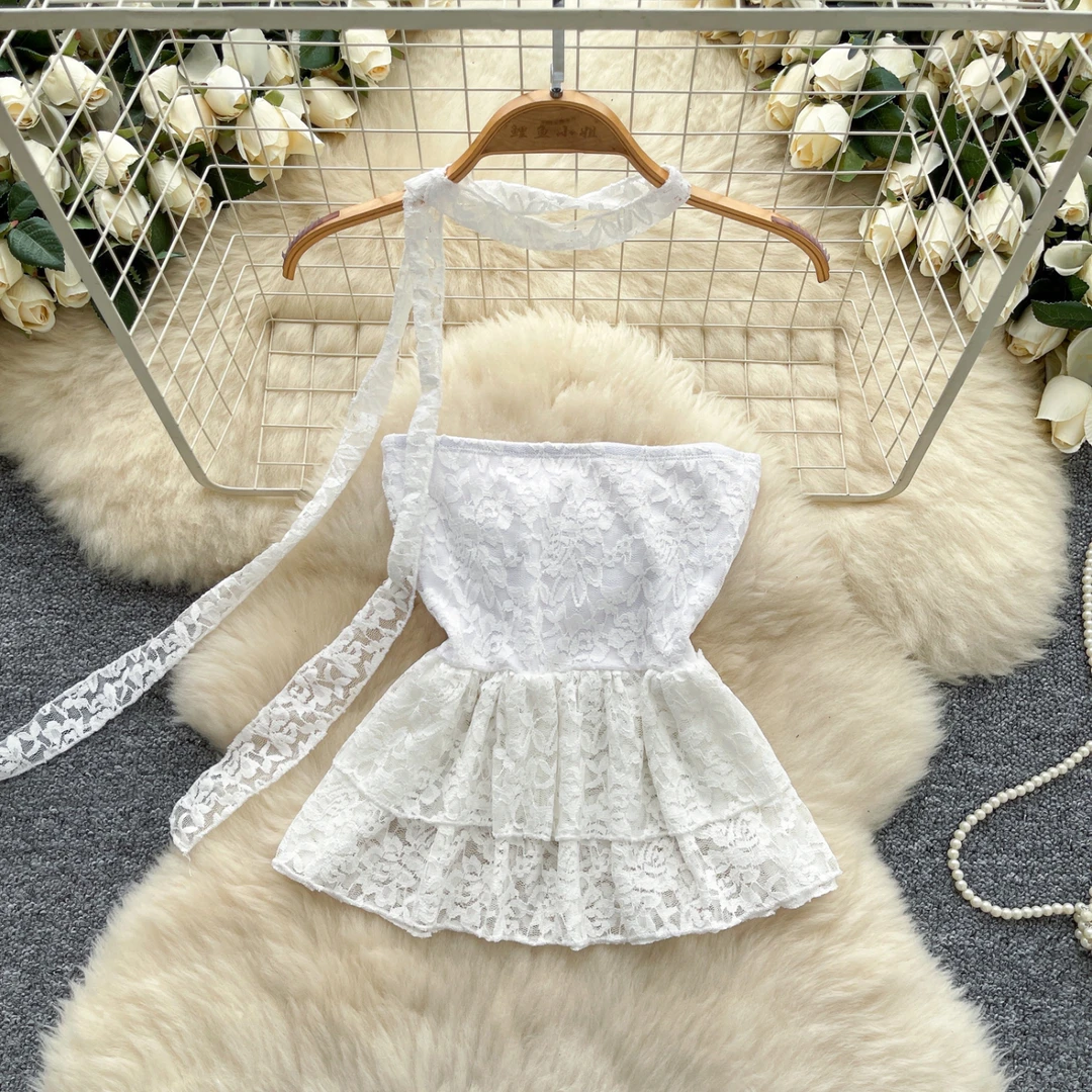 时尚高端氛围感飘带抹胸背心法式纯欲无袖荷叶边蕾丝上衣小众女装