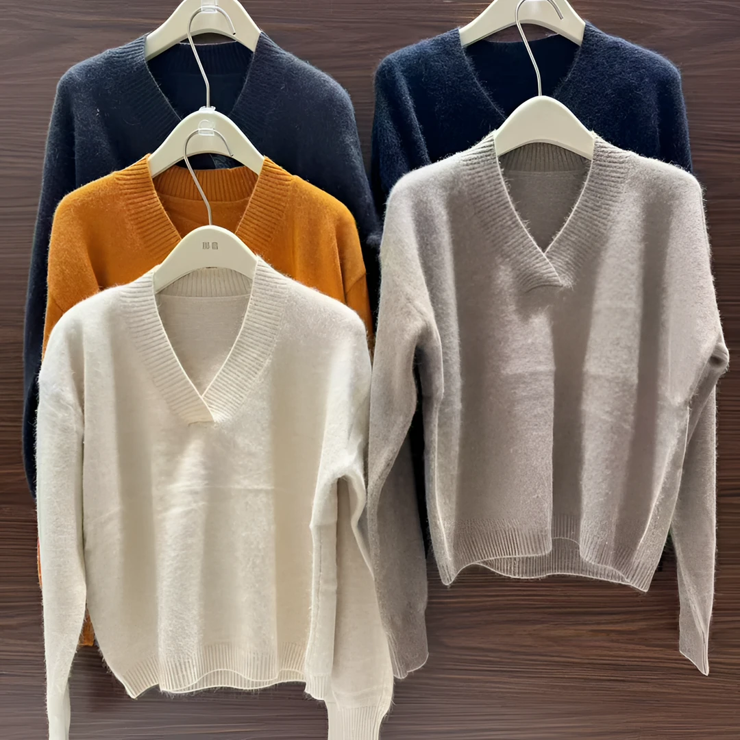 厚款长袖百搭女气质针织落肩袖纯色V领时尚休闲宽松秋冬套头