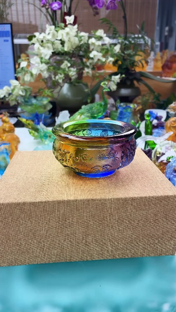 手工艺品琉璃彩色四神兽聚宝盆9*5公分