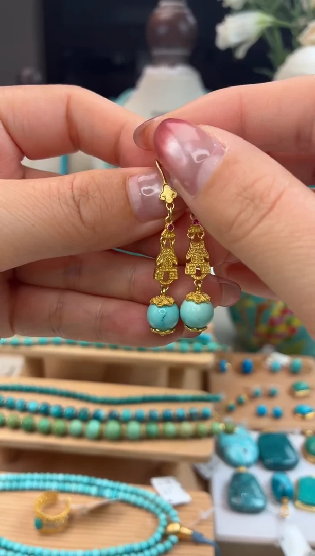 银S925镀金镶嵌绿松石耳饰1