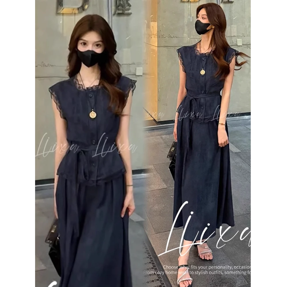 时尚套装裙女2025夏季新款洋气显瘦蕾丝拼接短袖上衣半身裙两件套