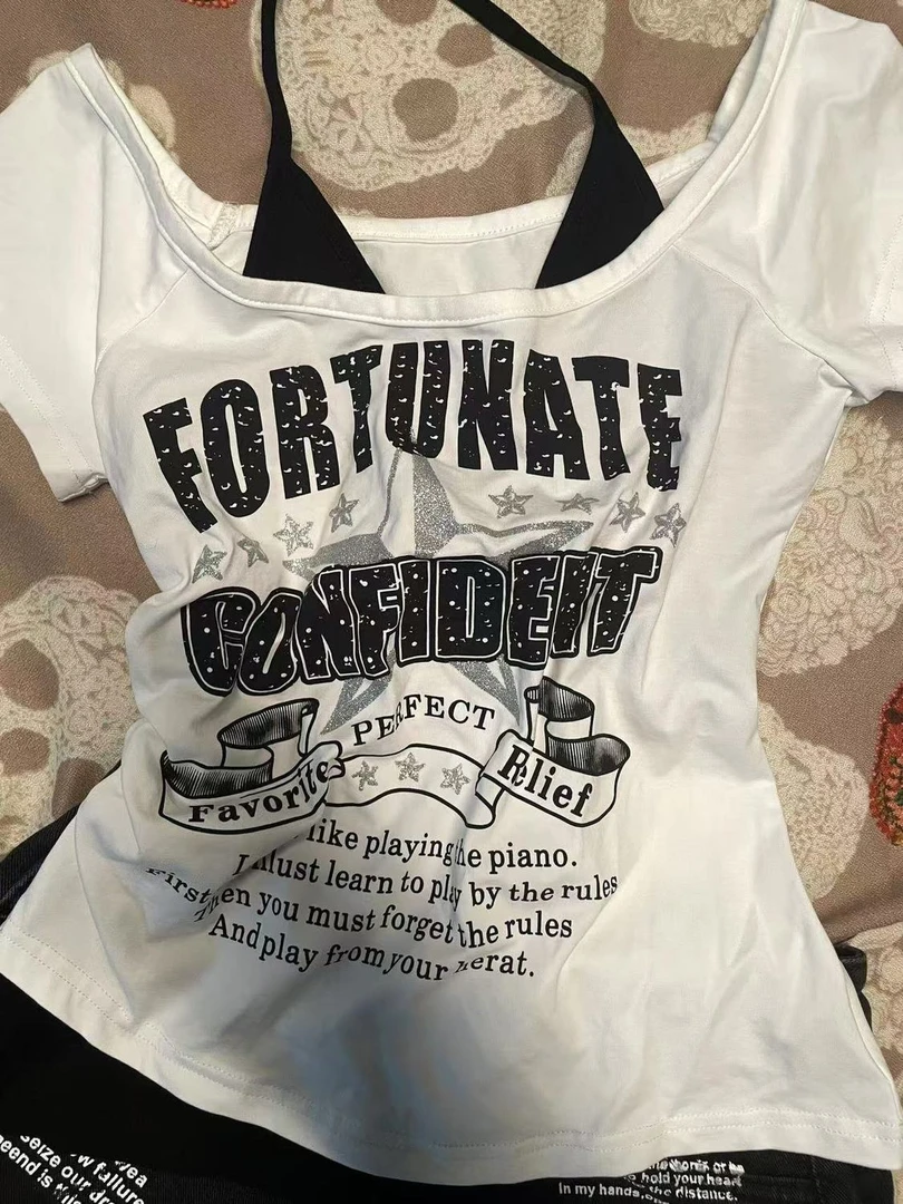 2025夏季纯棉短袖假两件美式复古Vintage印花T恤设计感短款上衣潮