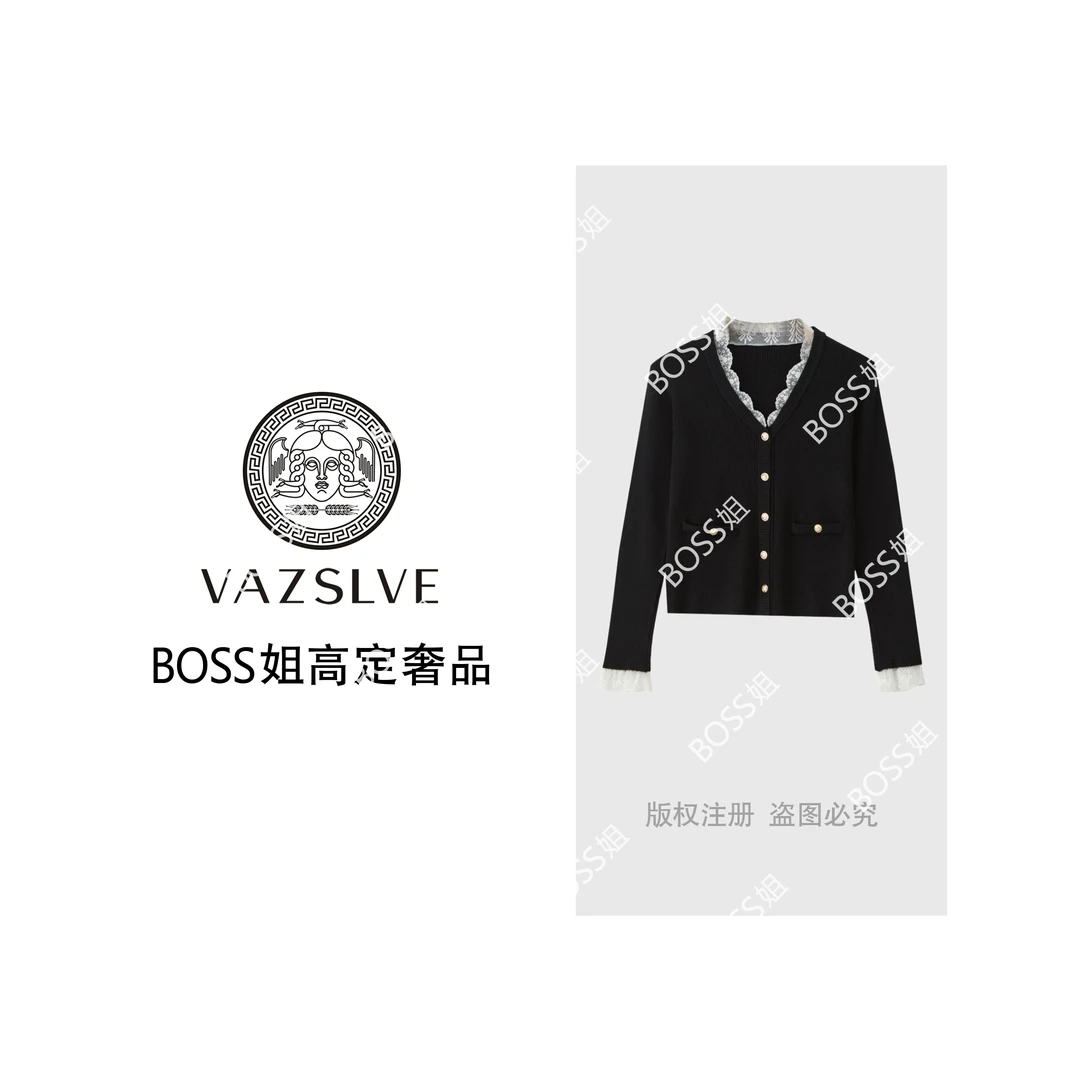 【VAZSLVE/全新奢品】捡漏 羊毛V领蕾丝拼接针织开衫毛衣msl808