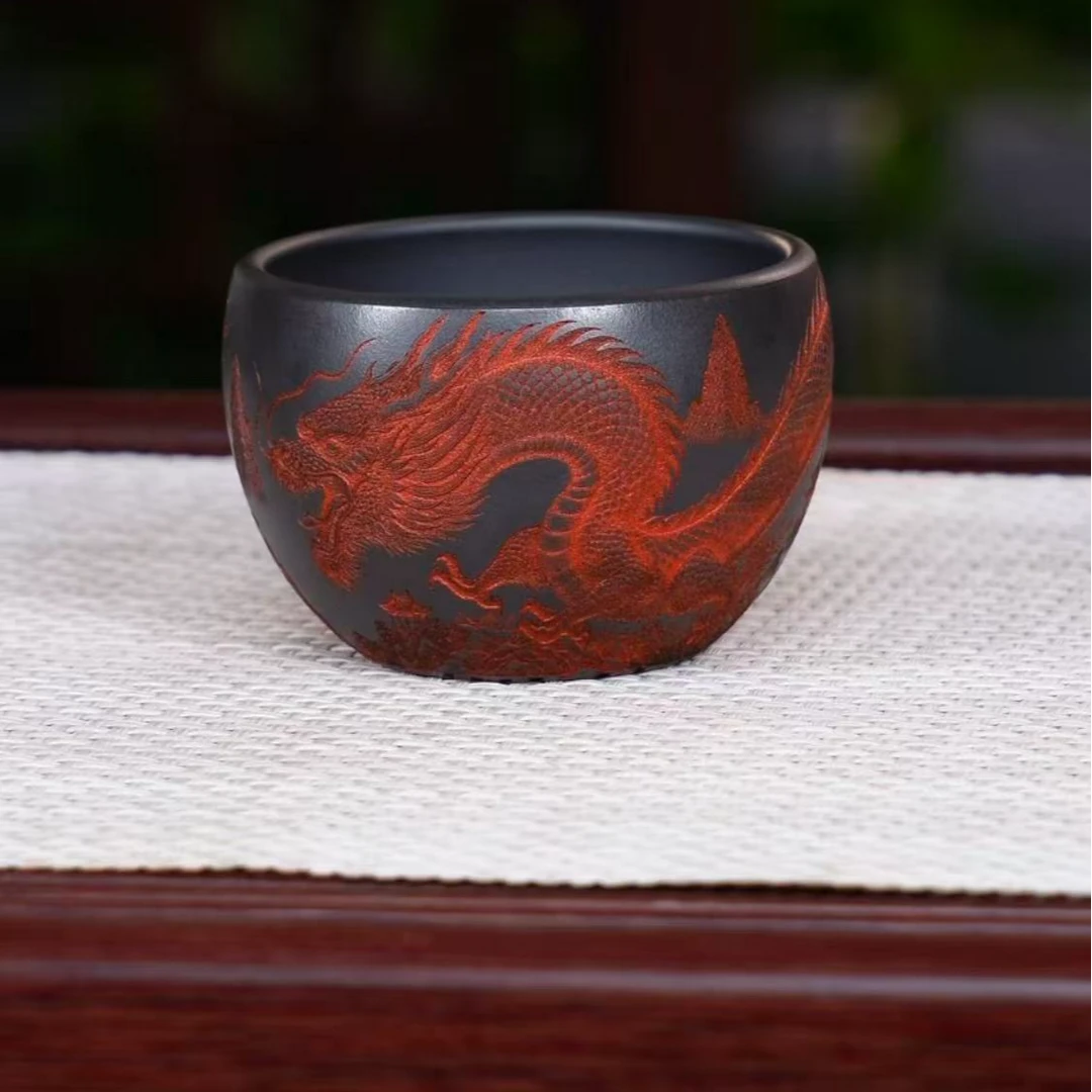 宜兴原矿紫砂  手工主人杯 石黄 精雕细刻 龙