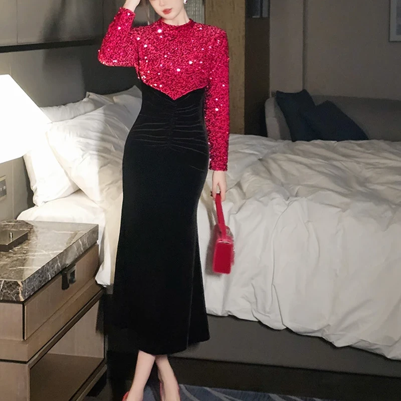 春秋装新款女装法式圆领亮片拼接修身连衣裙5691#