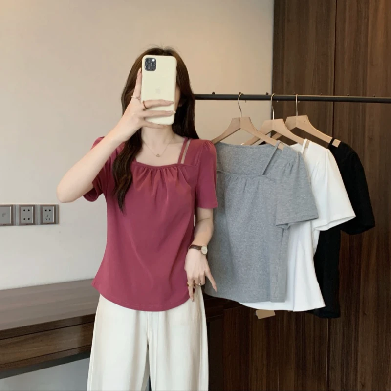 方领褶皱短袖t恤女夏季2025新款大码胖mm洋气设计感春游出行衣服