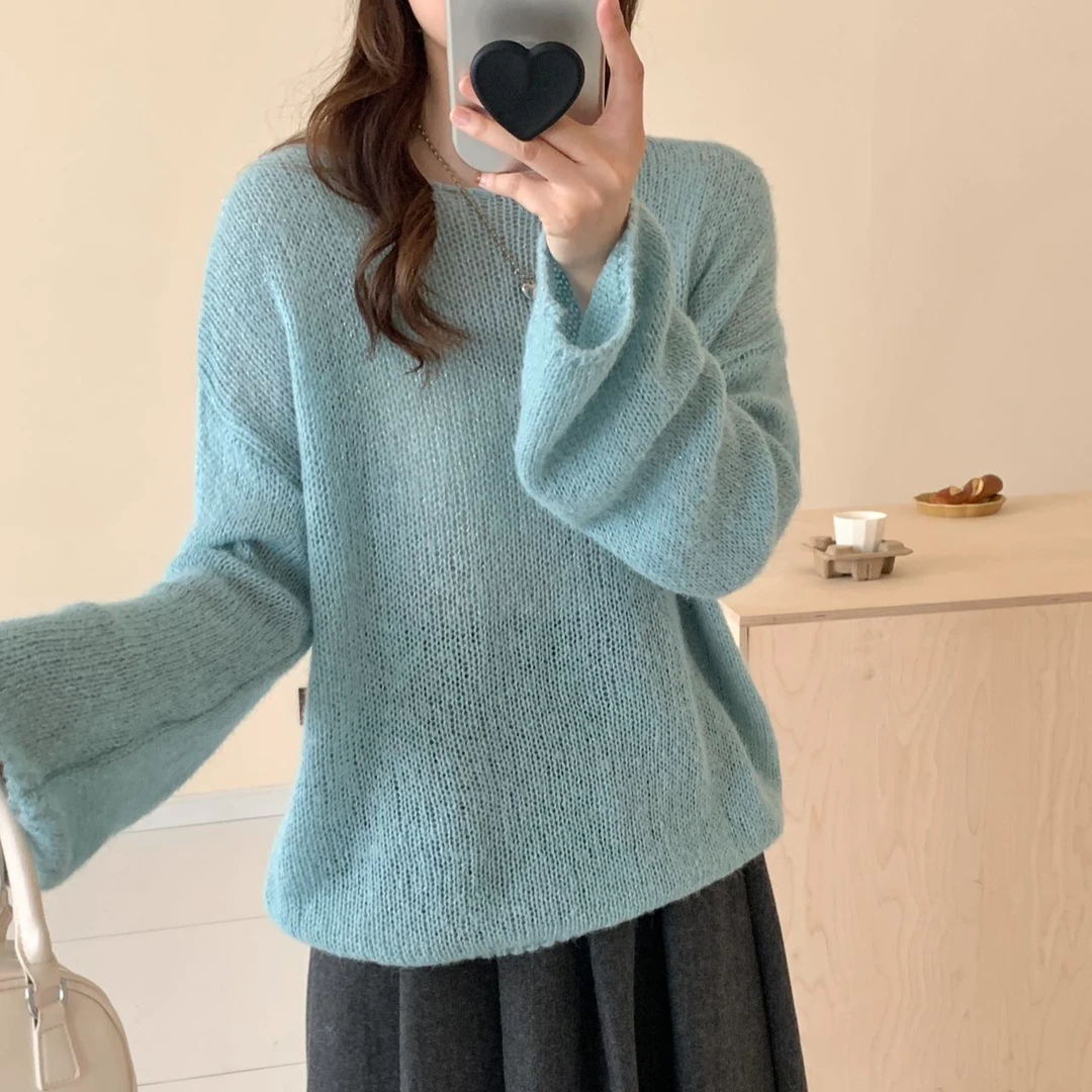 【春日絮语】镂空微透明圆领套头宽松慵懒风休闲长袖针织衫时尚女春