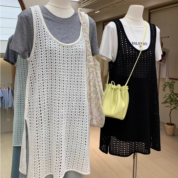 早春U领背心式镂空休闲针织马甲叠穿宽松韩版侧开叉中长款罩衫女