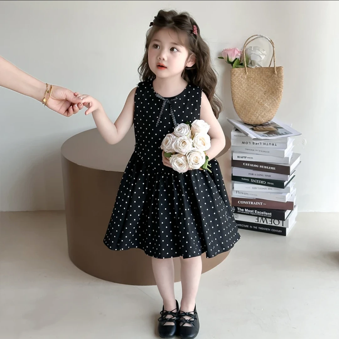 2025新款女童波点连衣裙礼服裙带网纱洋气