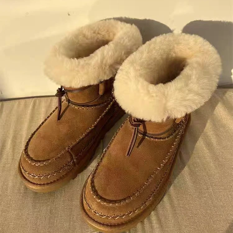 U家真皮羊皮毛一体中筒雪地靴女款冬季羊毛短靴厚底轻便保暖棉鞋