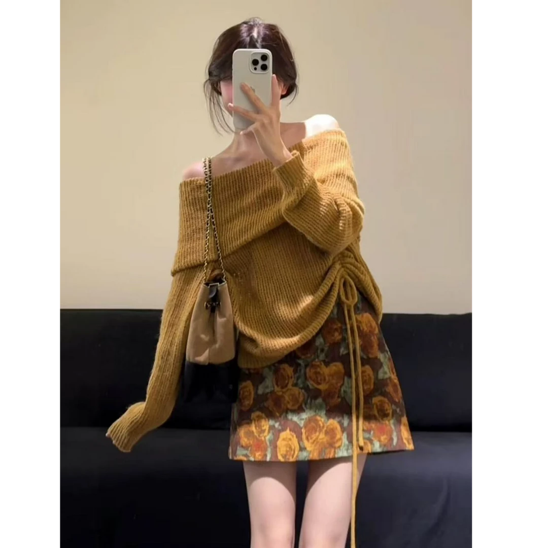 巨好看的流行早秋穿搭一整套装一字肩毛衣2025新款连衣裙子女秋季