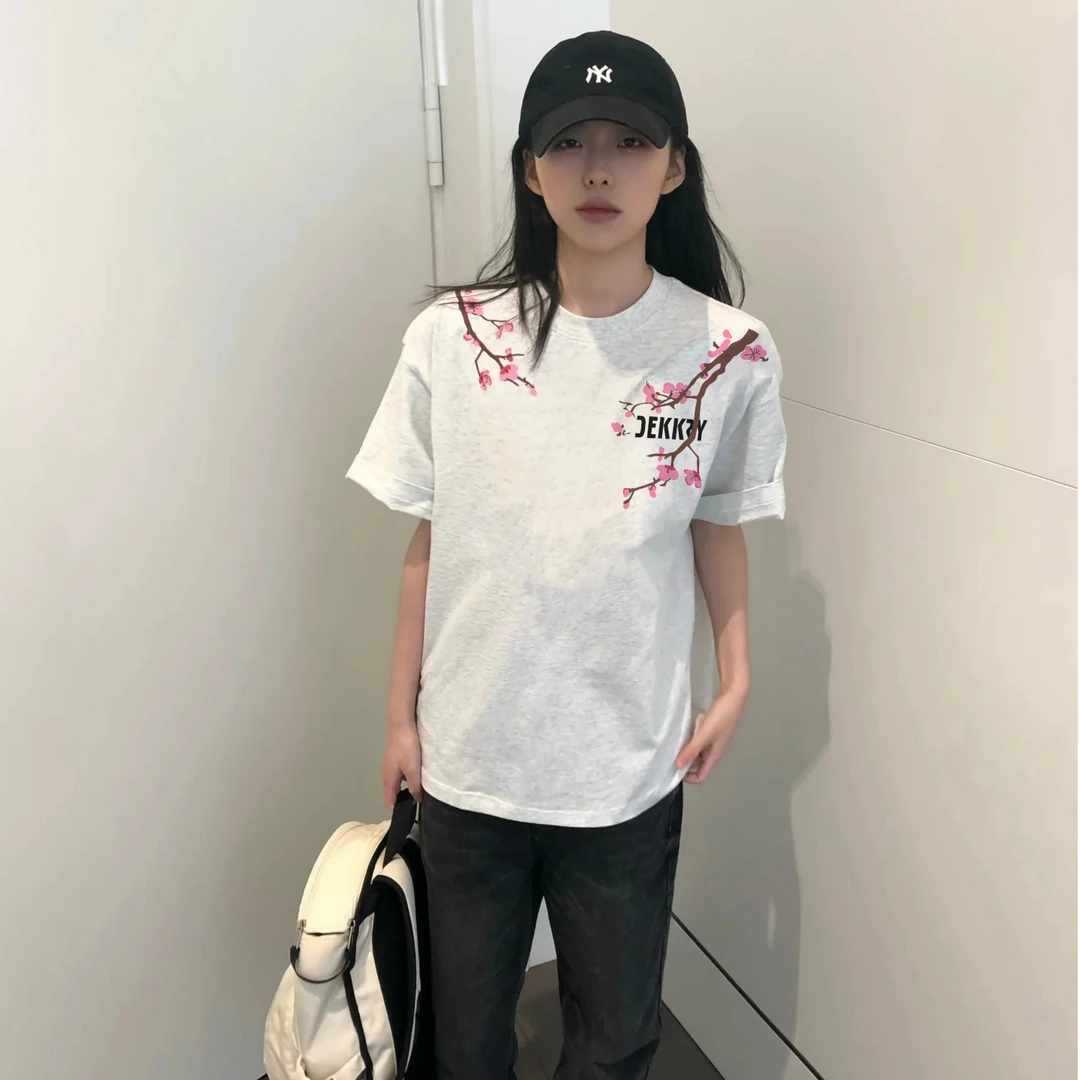 美式vibe潮牌花卉印花短袖T恤男春夏季宽松百搭重磅纯棉情侣上衣