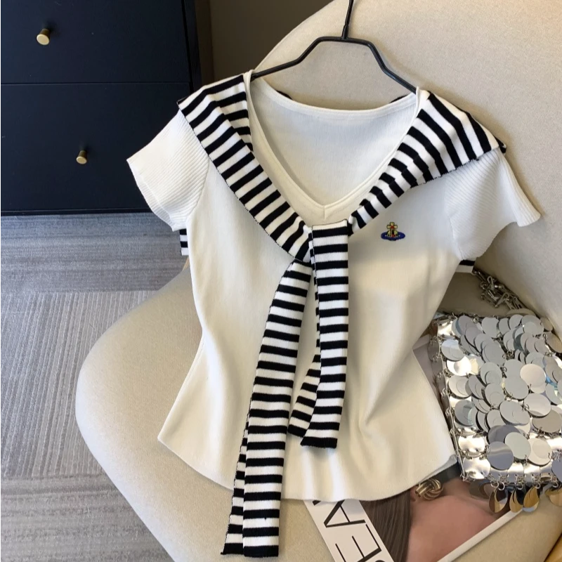 航海风条纹披肩短袖t恤女2025夏季新款薄款v领针织衫辣妹收腰上衣