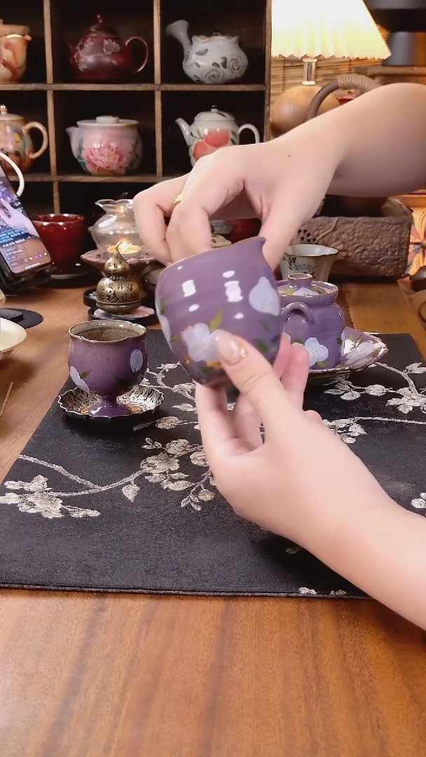 紫色山茶花侧把公道杯