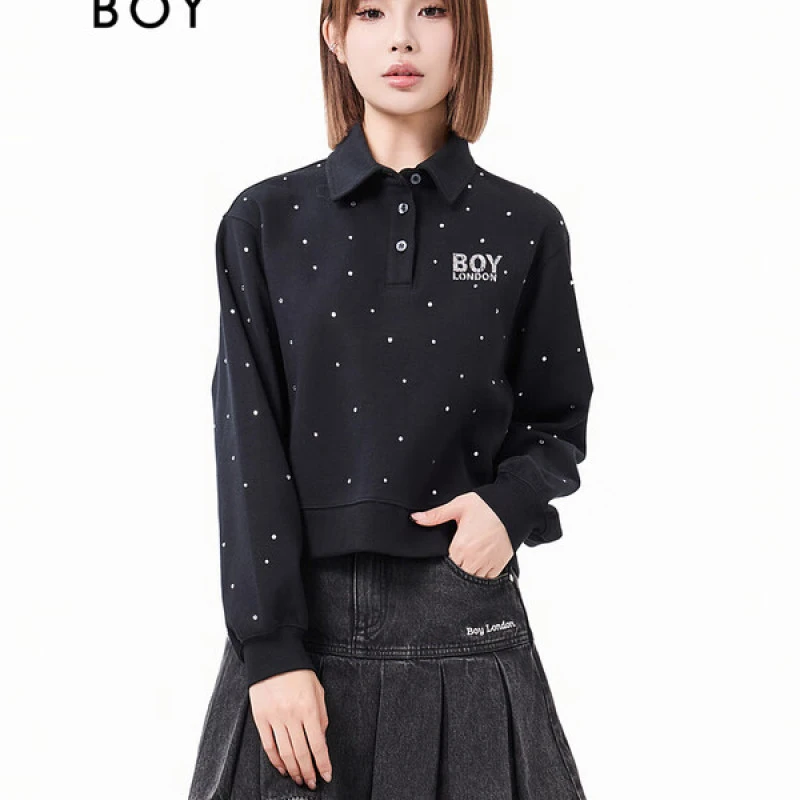 BOYLONDON秋季琥珀流光女烫钻POLO短百搭简约时尚长袖卫衣W03903