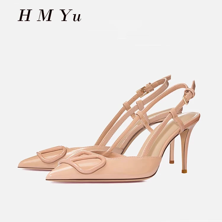 【HMYu】裸色漆皮V扣一字带凉鞋2025年新款细跟侧空后空单高跟鞋