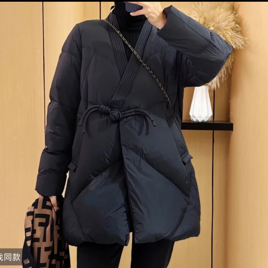 107中长款羽绒服2024纯色文艺复古盘口国风宽松中长款百搭