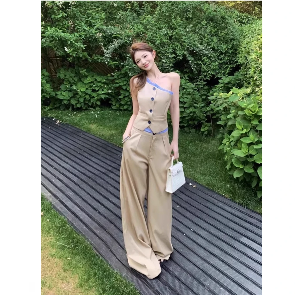 夏季爆款拼接休闲时尚套装女高级感薄款拼接格子上衣阔腿长裤套装