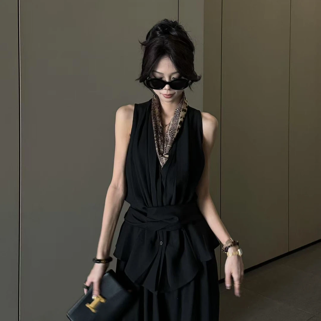 【柔一 夏季物语】25夏季洋气老钱风交叉绑带背心小衫+阔腿长裤套装