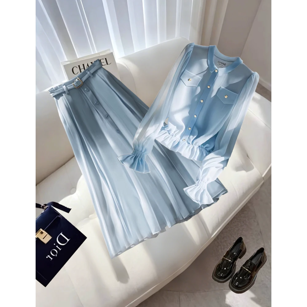 法式高级感蓝色衬衫套装女2025早春新款气质收腰显瘦半身裙两件套