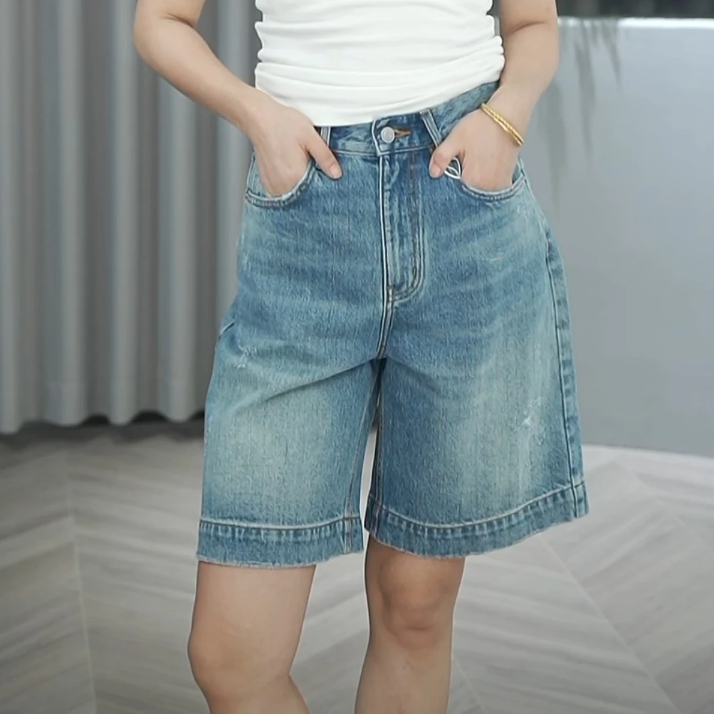 【裤长50-54】高端康龙面料无弹力牛仔中裤石磨破洞裤1587