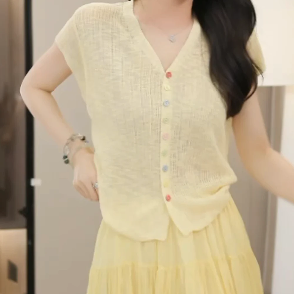 【彩虹桥】2025夏季新款时尚休闲针织衫女毛衣短款短袖多巴胺上衣