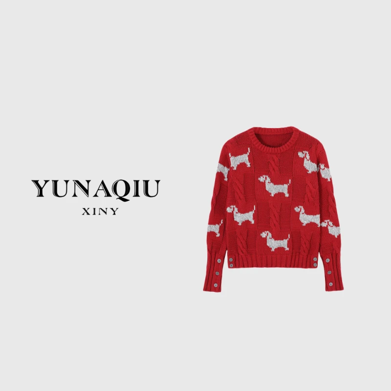 M.Y媛总 红色圆领宽松毛衣百搭秋冬时尚提花棉线针织套头衫-3027