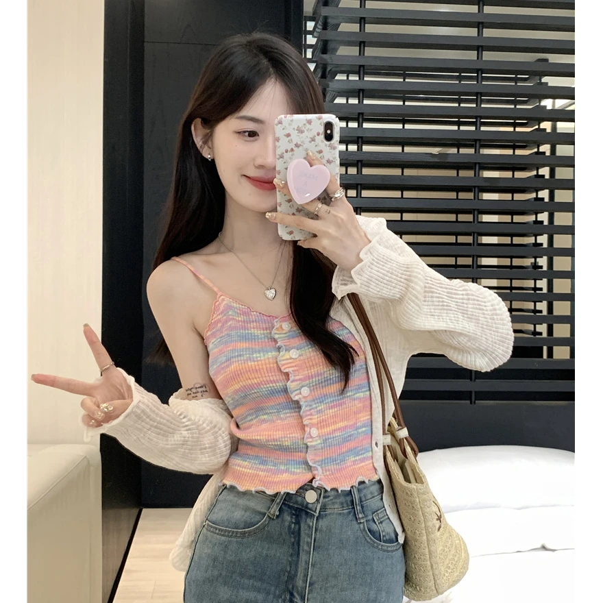 【工厂直销】纯欲彩色显瘦条纹吊带背心上衣女夏休闲防晒开衫两件套