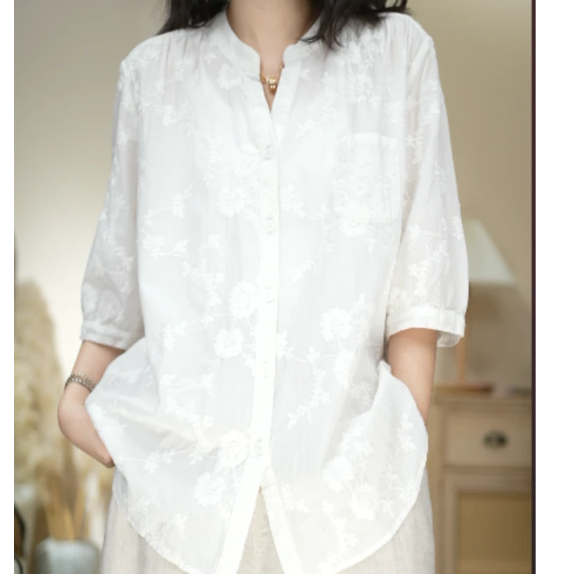 6652夏季休闲薄款宽松中式文艺提花V领纯棉衬衫