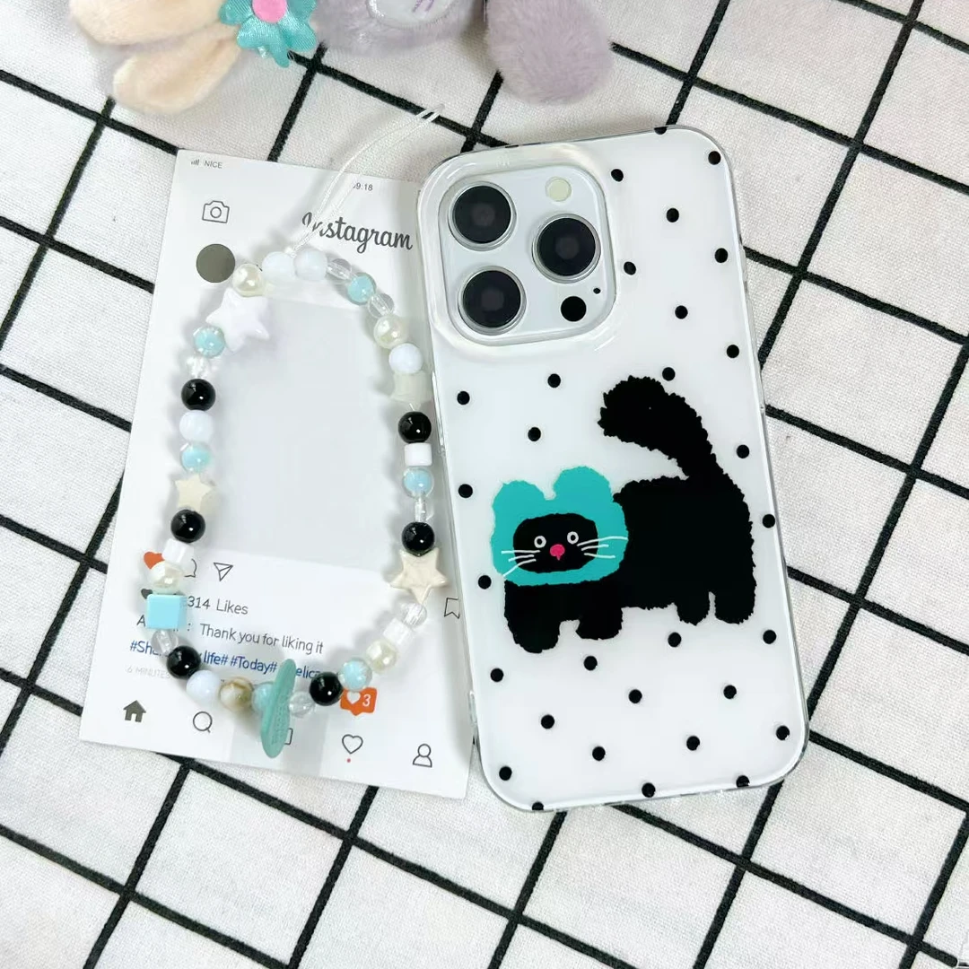【44】可爱波点小黑猫手机壳适用苹果17iPhone16华为小米17oppovivo