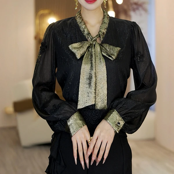 【现货福利】新款气质高贵轻奢黑色蕾丝衬衫优雅上衣OHSHH02048