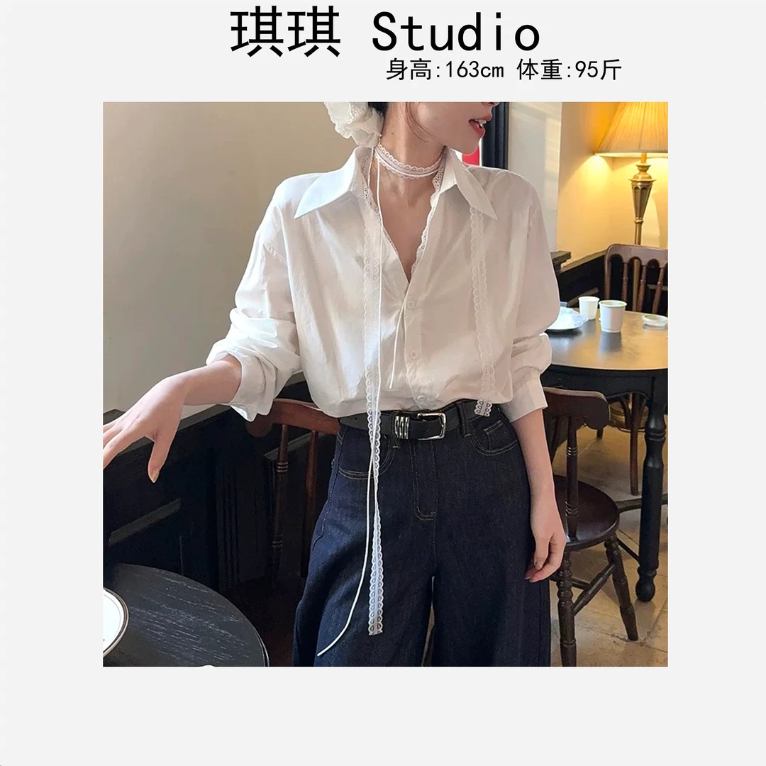 春季新款甜美洋气带蕾丝花边飘带显瘦减龄气质时尚百搭衬衫8365-O