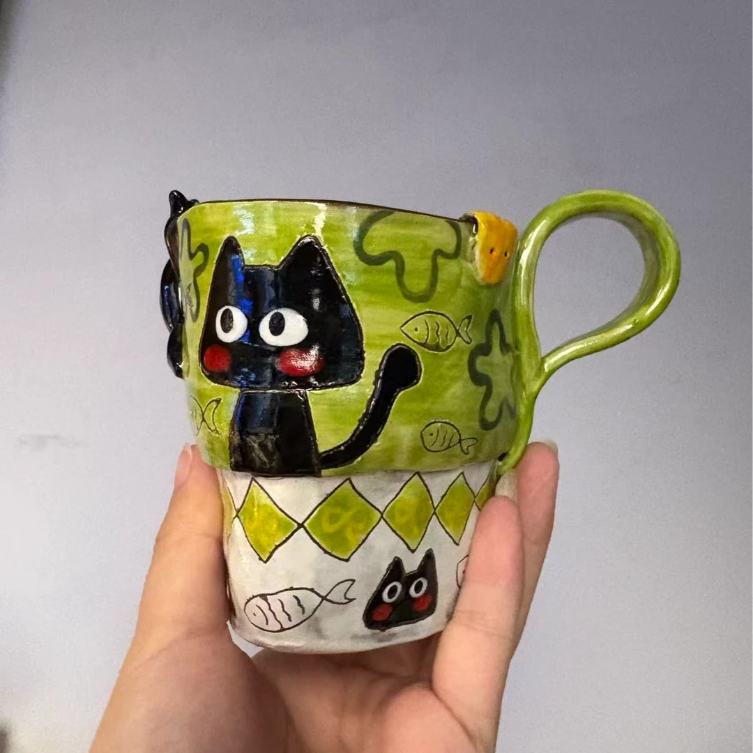 绿色黑猫把手杯子