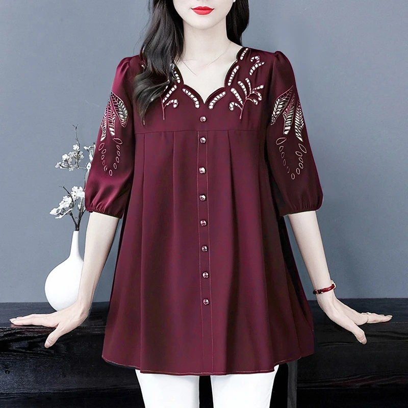 苏兰诺夏季新款重工提花大码显瘦遮肉显白镂空时尚百搭上衣ZB6911