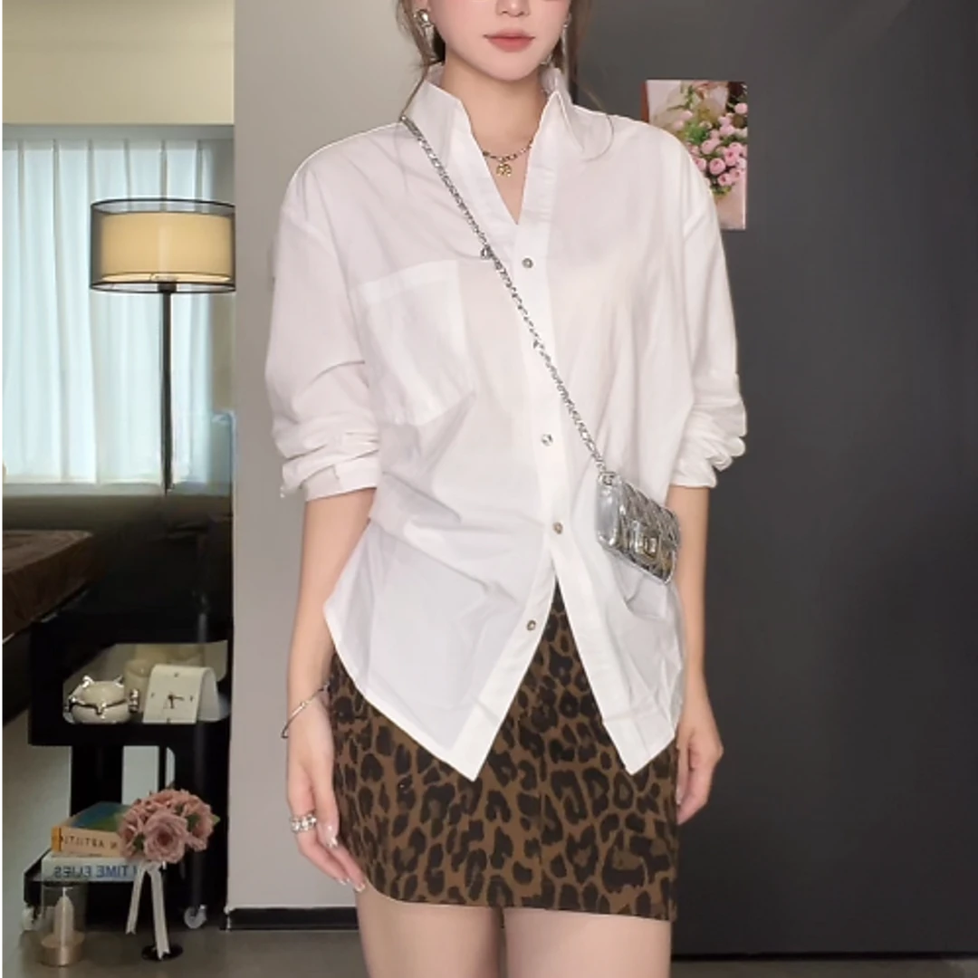 时尚白衬衫女秋季新款休闲百搭白色休闲翻领泡泡袖收腰气质衬衣女