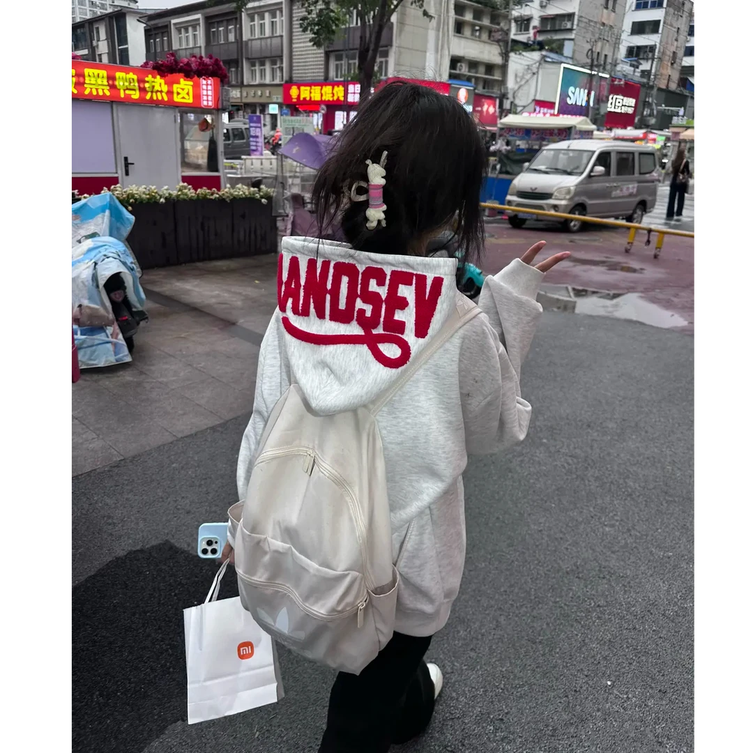 HandSeven美式复古字母毛巾刺绣设计感连帽卫衣春秋外套男女上衣
