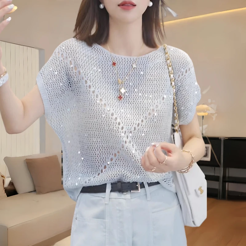 别致飞飞短袖镂空亮片罩衫上衣女夏季时尚气质洋气蓝色冰丝针织衫